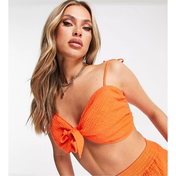 New! ASOS Design 100% Cotton Orange Halter Top Sz 4 - Picture 4 of 6